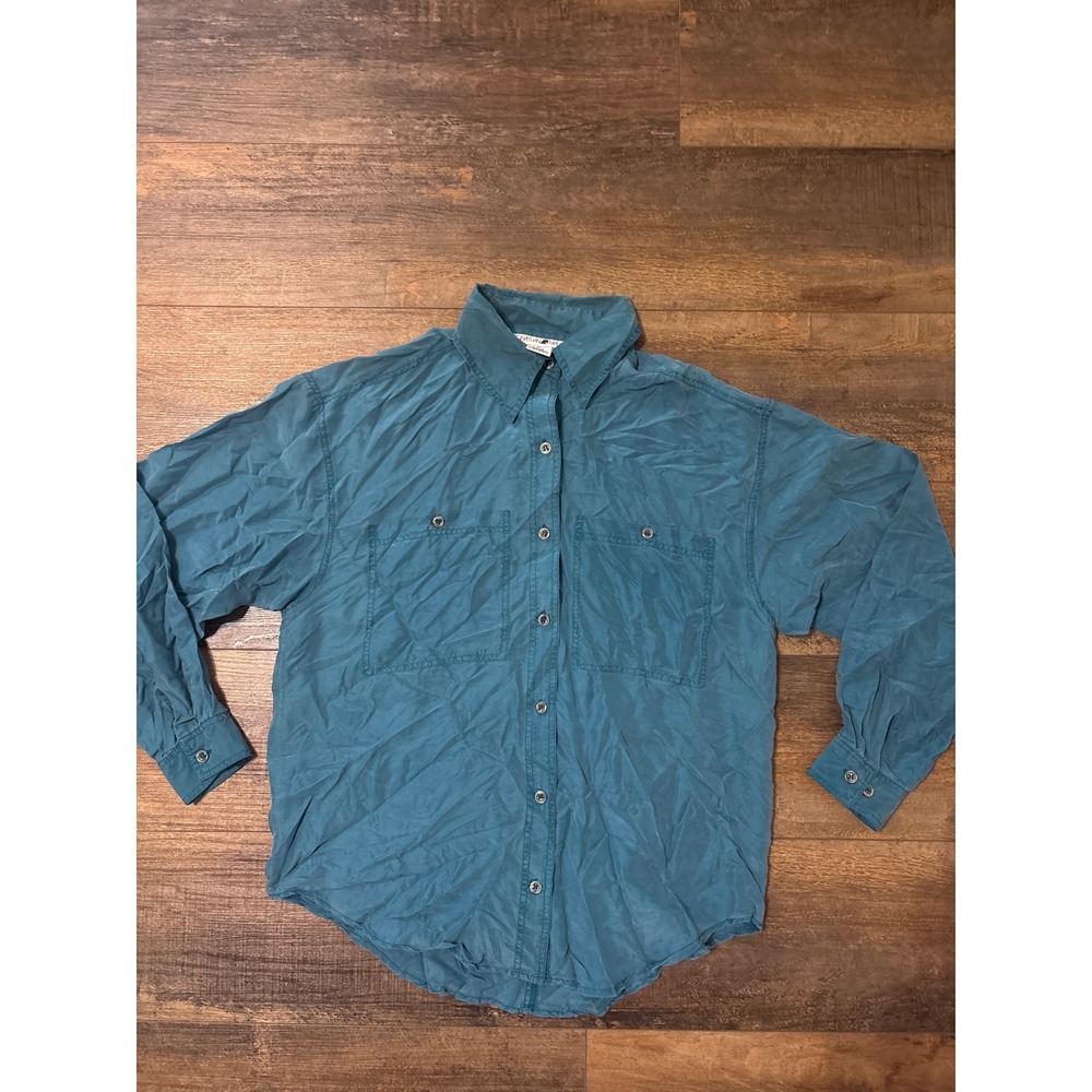 Jonathan Martin 100% Silk Button Down Shirt Teal Blue Long Sleeve Vintage Small